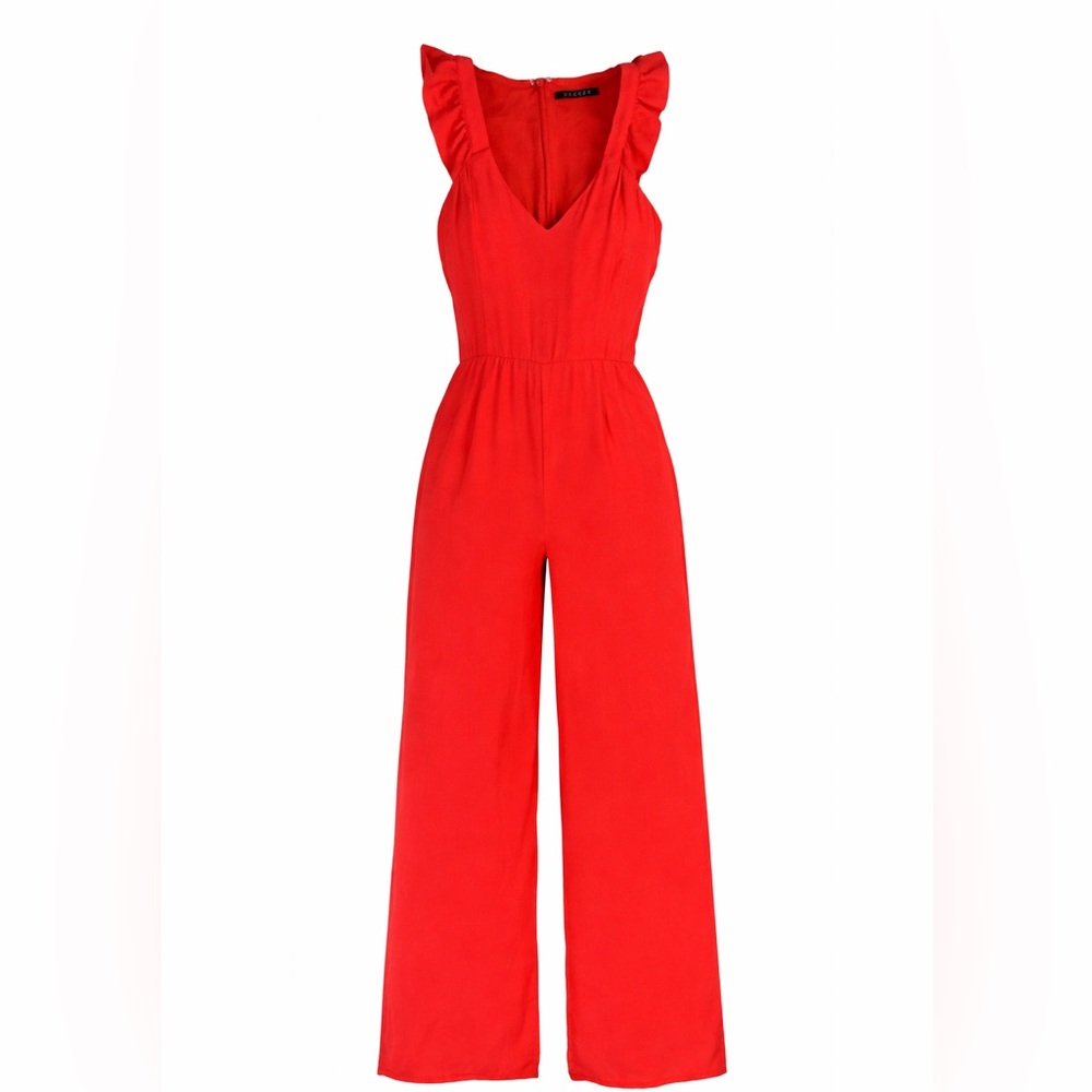 Decker Wide Leg Jumpsuit Red Women’s Size S Ruffle Sleeve V Neck Back Zip